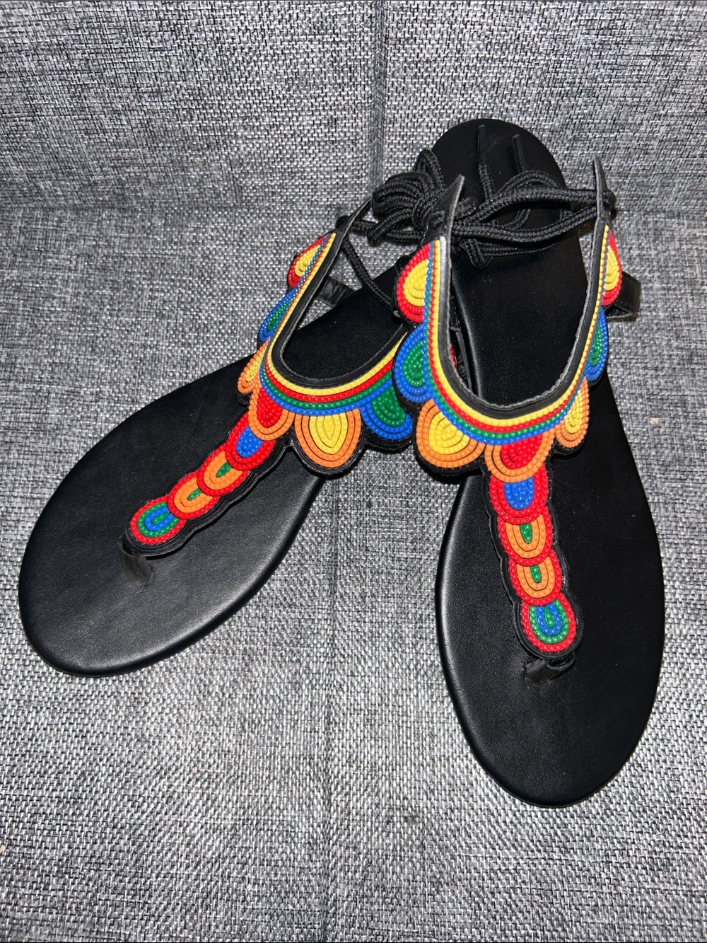 Black Beaded T-Strap Sandals with Rainbow Embroidery - Picture 7 of 7
